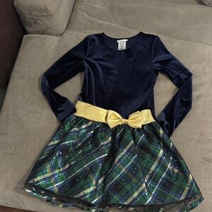 Bonnie Jean Navy Dress with Plaid and Gold Accents